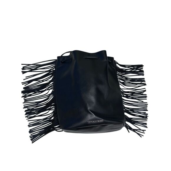 Victoria’s Secret Black Drawstring Fringed Backback Tote Faux Leather NWOT - Picture 4 of 11